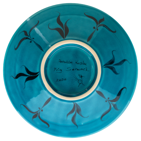 Selçuklu Stilize Kuş ve Yaprak Motifli Turkuaz Kase (22cm)