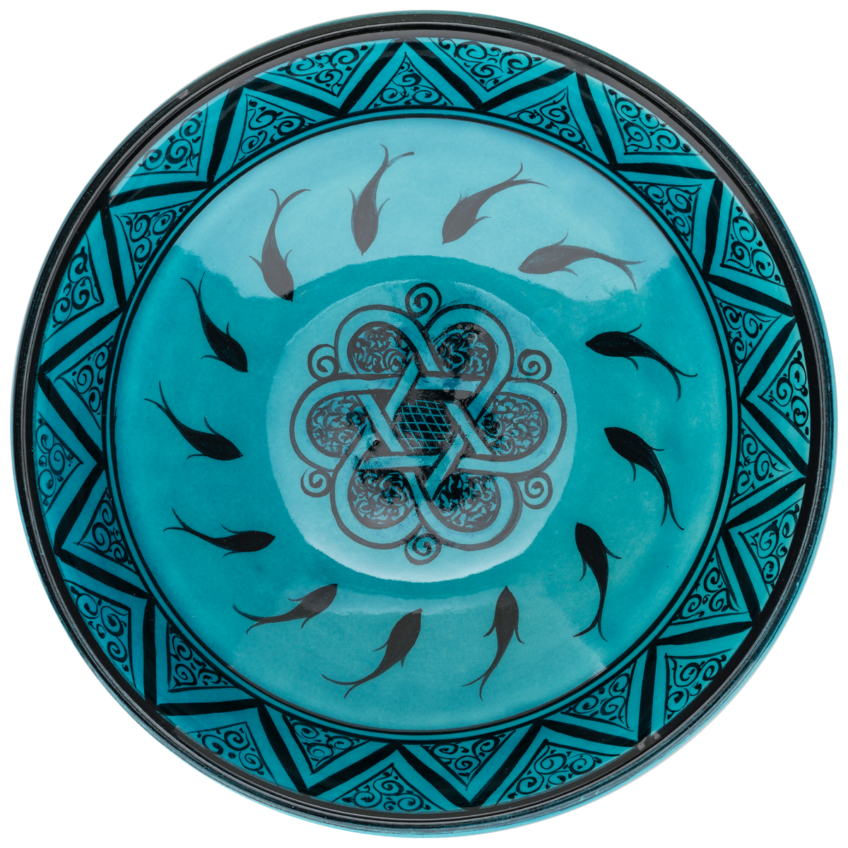 Selçuklu Çizgisel Motifli Balıklı Turkuaz Kase (22cm)