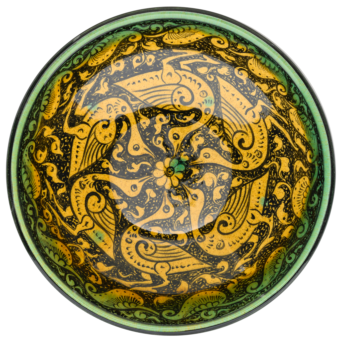 Selçuklu Birbirini Takip Eden Kuş Motifli Sarı Kase (22)cm