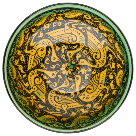 Selçuklu Birbirini Takip Eden Kuş Motifli Sarı Kase (22)cm