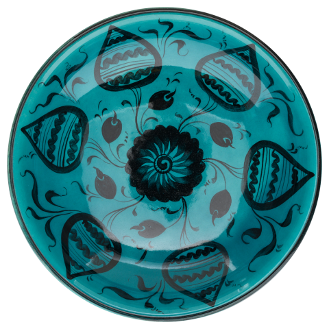 Beylikler Dönemi Çicek Desenli Turkuaz Ayaklı Tabak 23cm