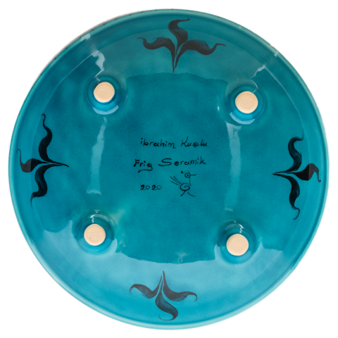 Selçuklu Bitki ve Çizgisel Desenli Turkuaz Ayaklı Tabak 23cm