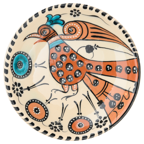 Selçuklu Stilize Renkli Tavus Kuşu Desenli Ayaklı Tabak 23cm