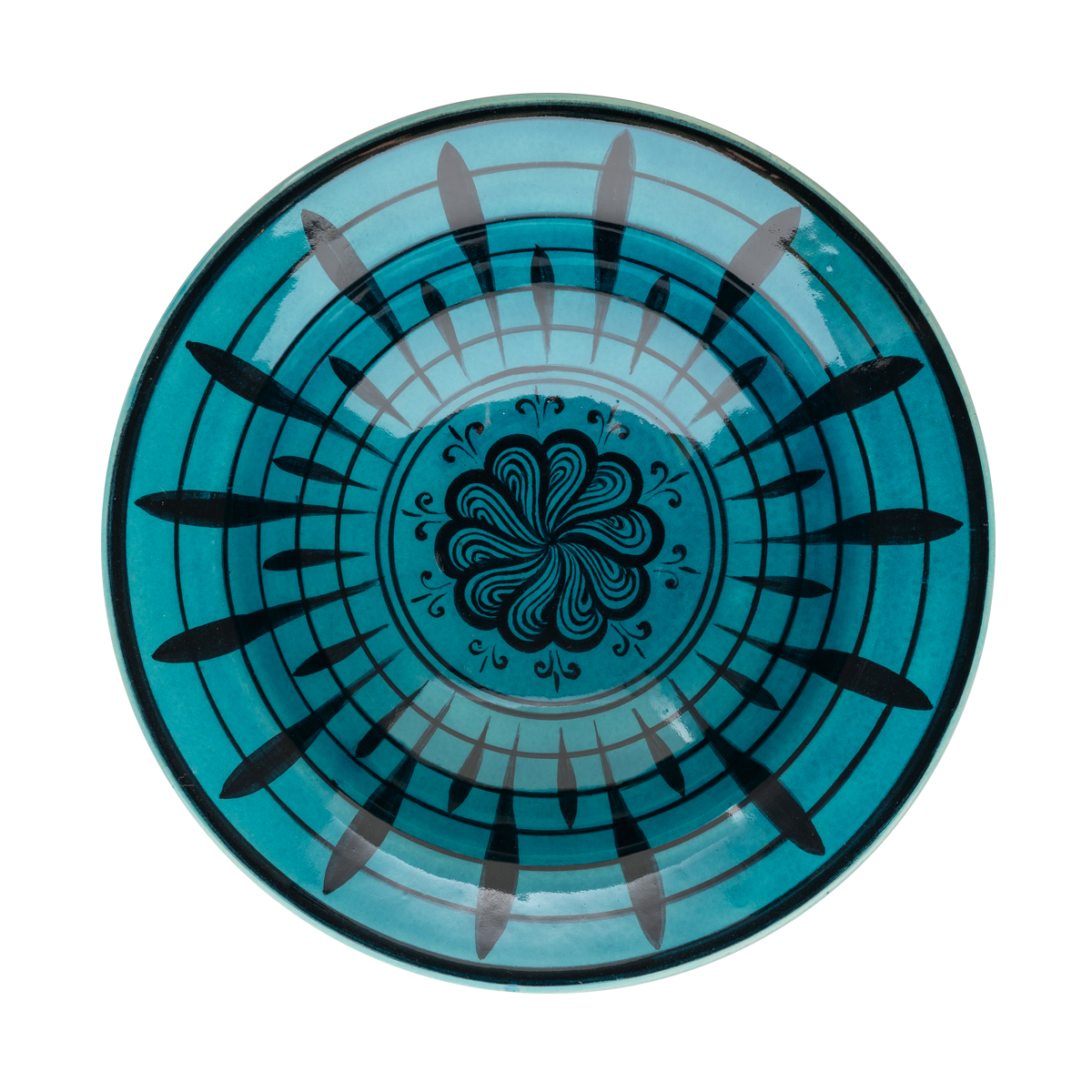 Selçuklu Çiçekli Fırça Darbeli Turkuaz Kenarlı Tabak (19cm)