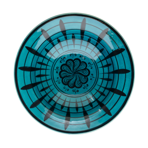 Selçuklu Çiçekli Fırça Darbeli Turkuaz Kenarlı Tabak (19cm)