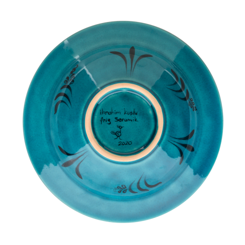 Selçuklu Çiçekli Fırça Darbeli Turkuaz Kenarlı Tabak (19cm)