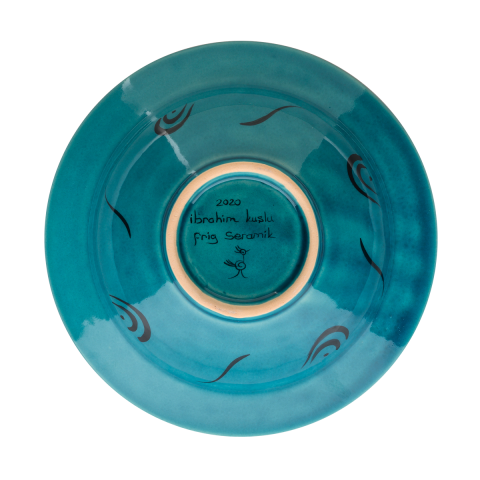 Selçuklu Tepeli Kuş Desenli Turkuaz Kenarlı Tabak (19cm)