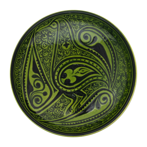 Selçuklu Salyangoz Zeminli Stilize Kuş Desenli Yeşil Tabak (19cm)