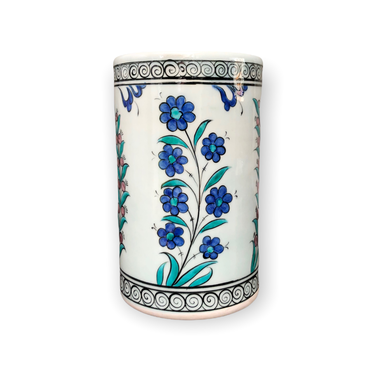 İznik Renkli Dönem Mavi Çiçekli Helezon Desenli Vazo