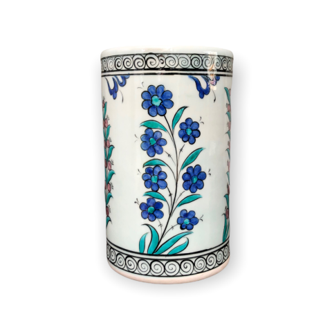 İznik Renkli Dönem Mavi Çiçekli Helezon Desenli Vazo