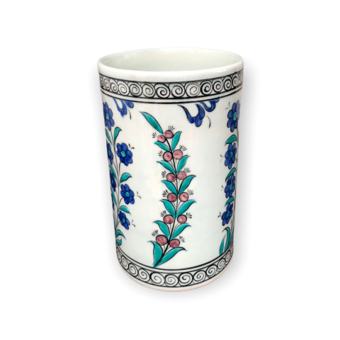 İznik Renkli Dönem Mavi Çiçekli Helezon Desenli Vazo