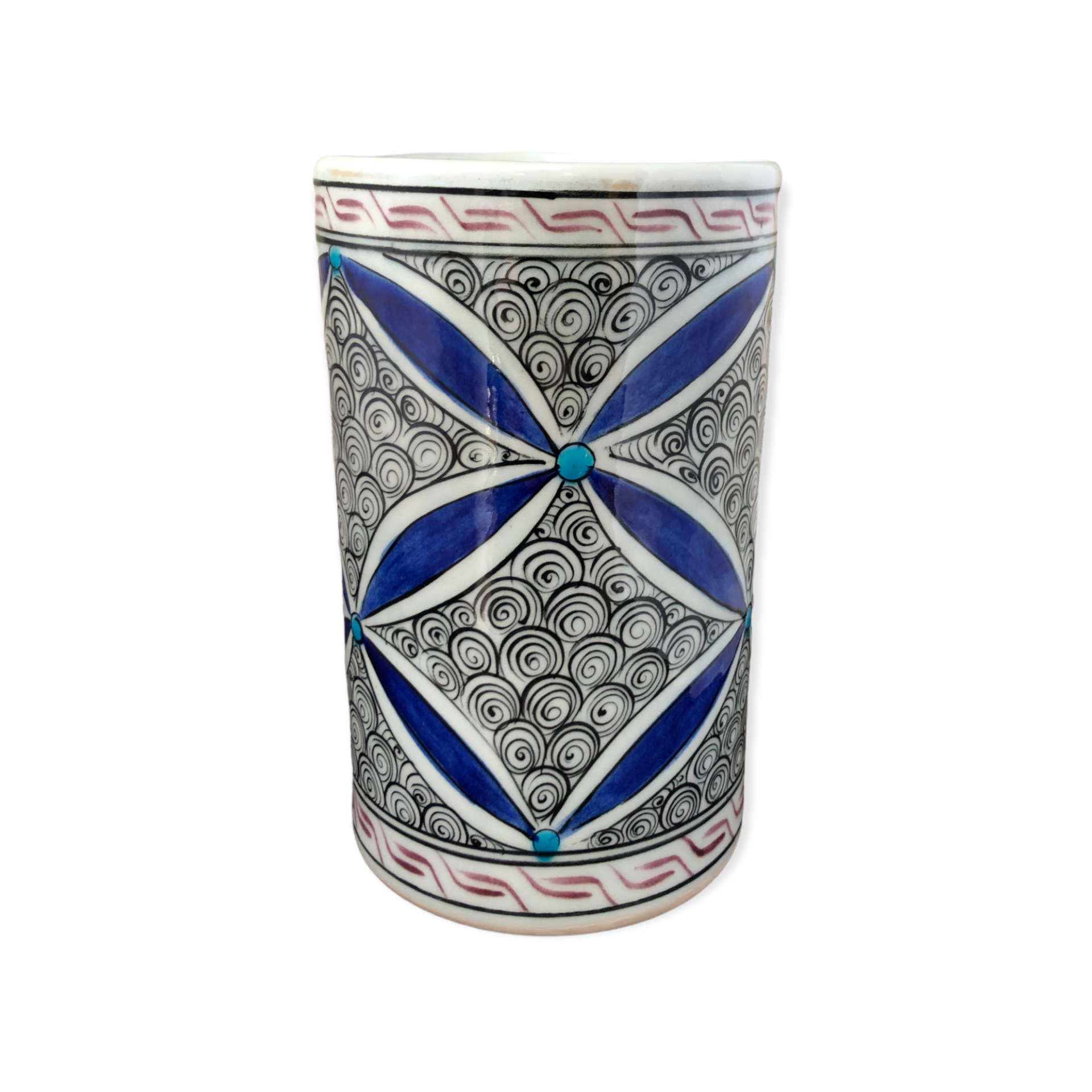 İznik Renkli Dönem Mavi Yapraklı Helezon Desenli Vazo