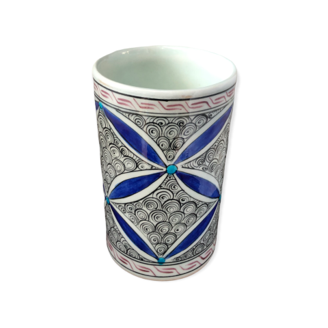 İznik Renkli Dönem Mavi Yapraklı Helezon Desenli Vazo