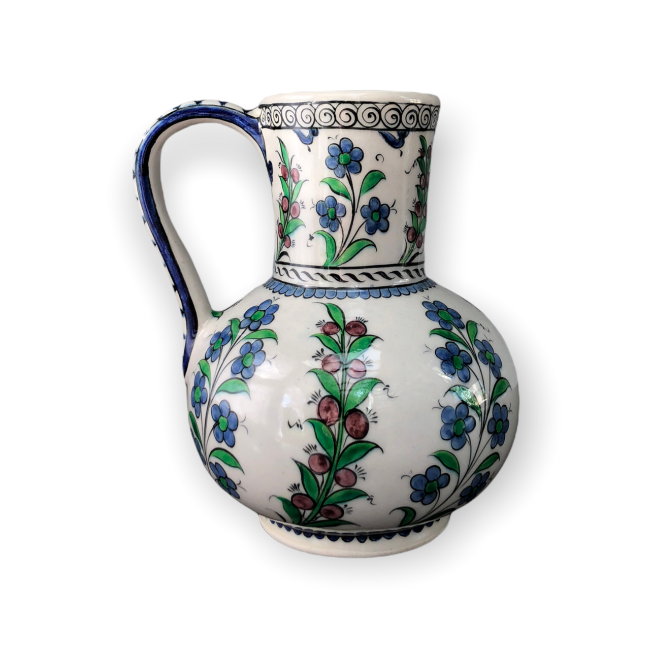 İznik Mavi Çiçek Desenli Saplı Sürahi