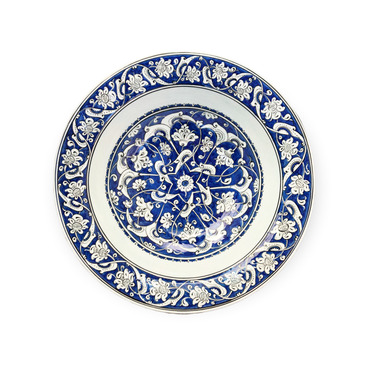 İznik Mavi Beyaz Dönem Rumi Desenli Kase (38cm)