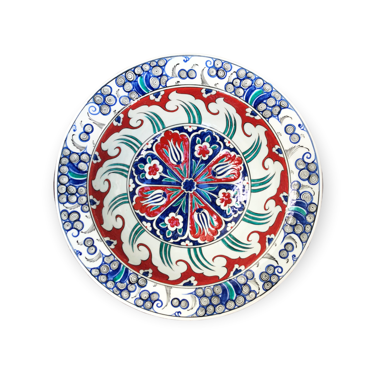 İznik Renkli Dönem Helezon ve Lale Desenli Kase (38cm)