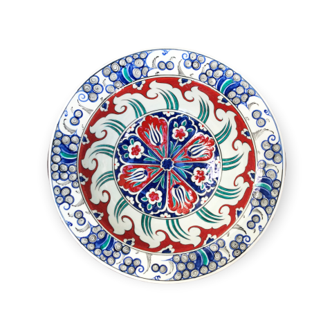 İznik Renkli Dönem Helezon ve Lale Desenli Kase (38cm)