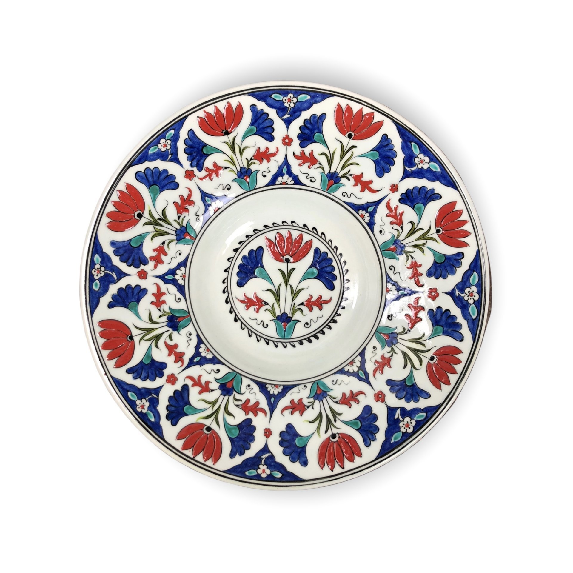 İznik Renkli Dönem Mavi ve Kırmızı Çiçekli Tondino Tabak (30cm)