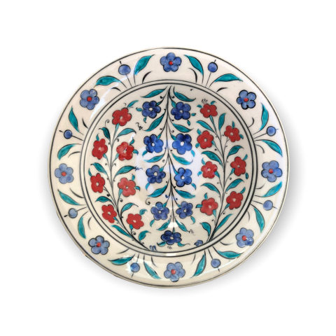 İznik Renkli Dönem Kırmızı ve Mavi Çiçek Desenli Tabak (19cm)