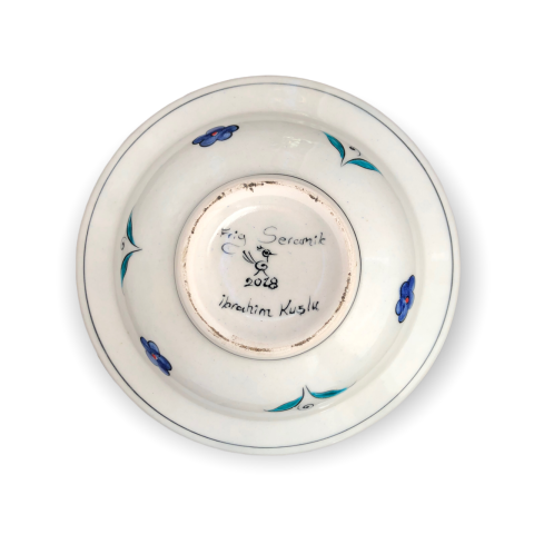 İznik Renkli Dönem Kırmızı ve Mavi Çiçek Desenli Tabak (19cm)