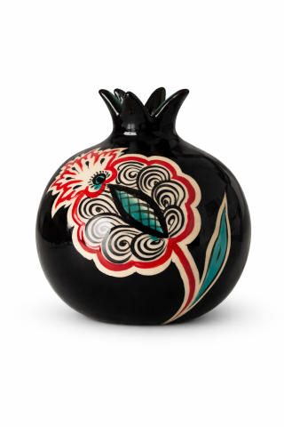 Selçuklu  Stilize Nar Çiçek Desenli Siyah Zeminli Obje Nar  (12 cm)