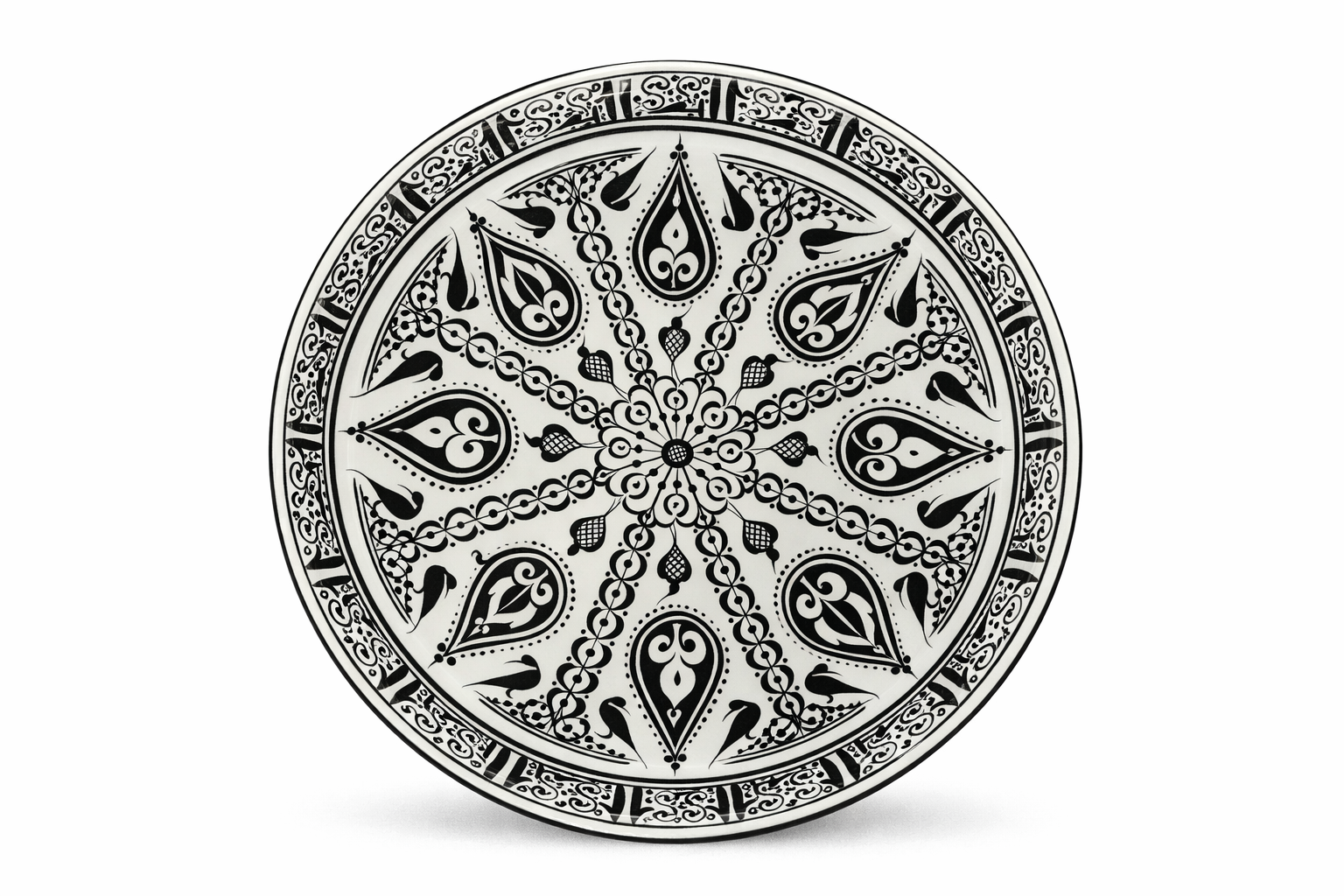 Selçuklu Stilize Hayat Ağacı ve Kuşlu Siyah/Beyaz Tabak 26cm