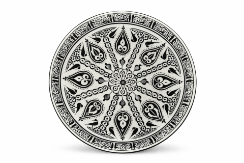 Selçuklu Stilize Hayat Ağacı ve Kuşlu Siyah/Beyaz Tabak 26cm