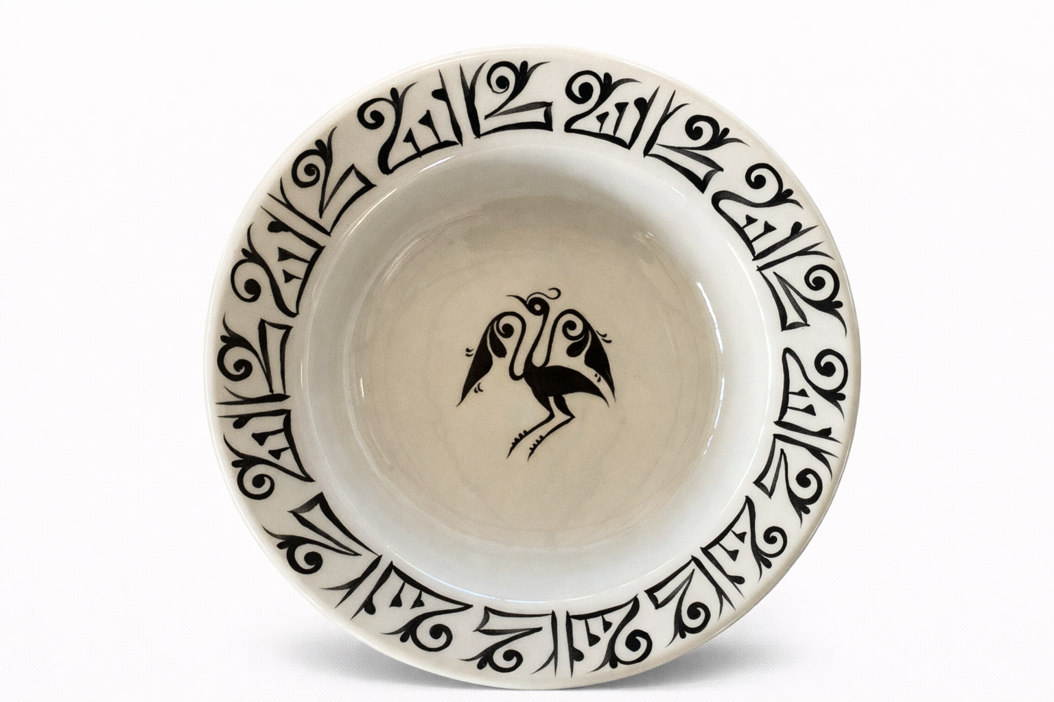 Selçuklu Stilize Kuş Desenli Siyah/Beyaz Kase 19cm